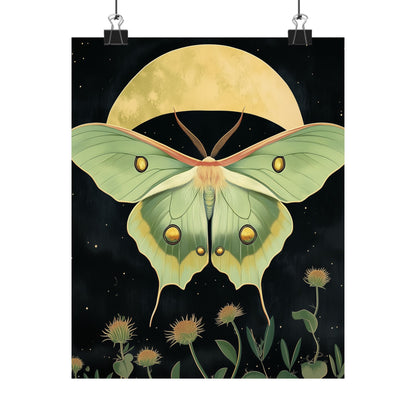 Dreamy Luna Moth Under the Moon Poster- Matte Vertical Art Print - Boho Wall Art - Bohemian - Art Noveau - Art Deco