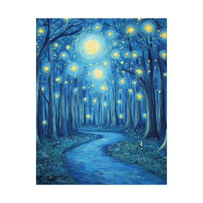 Dreamy Night - Fireflies in the Forest - Fine Art Painting - Print - Matte Vertical Poster - Magical Blue Aesthetic Wall Art