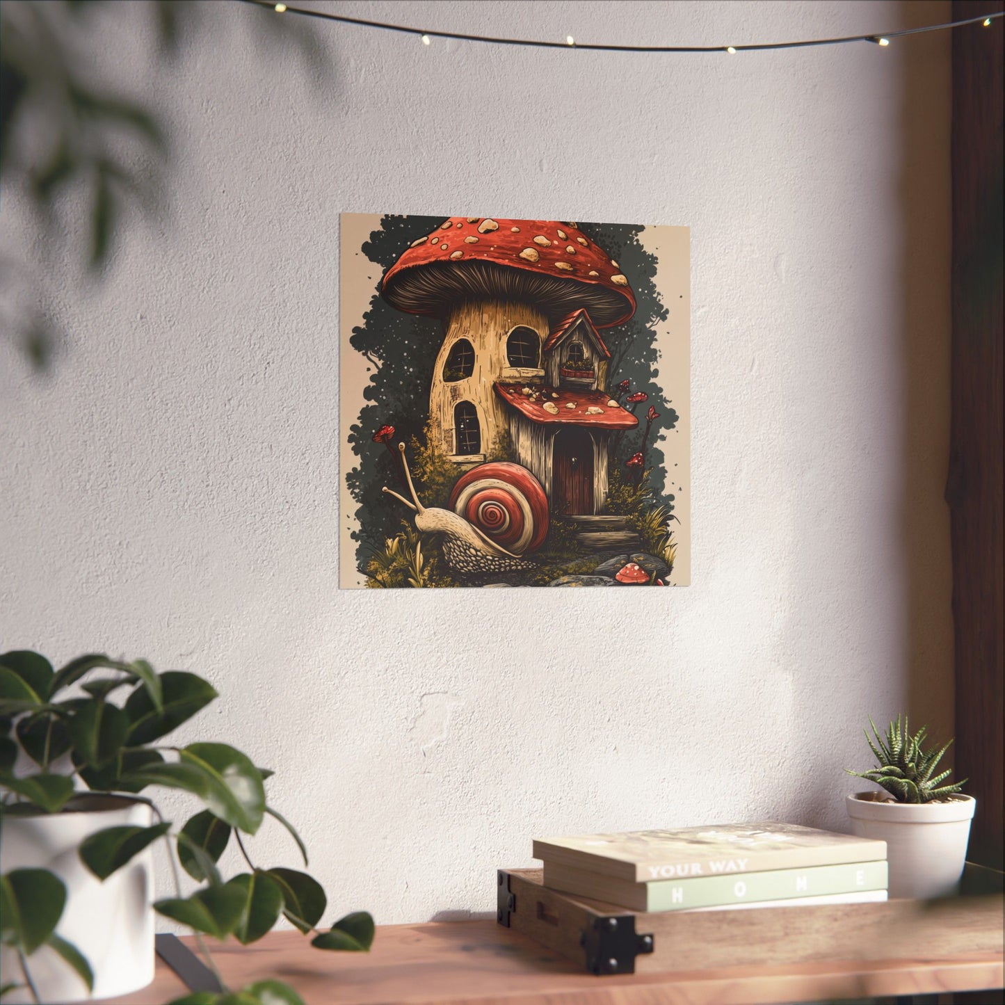 Whimsical Snail Mushroom House - Vertical Botanical Poster - Perfect for Dorm Room or Bedroom Wall Art