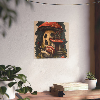 Whimsical Snail Mushroom House - Vertical Botanical Poster - Perfect for Dorm Room or Bedroom Wall Art