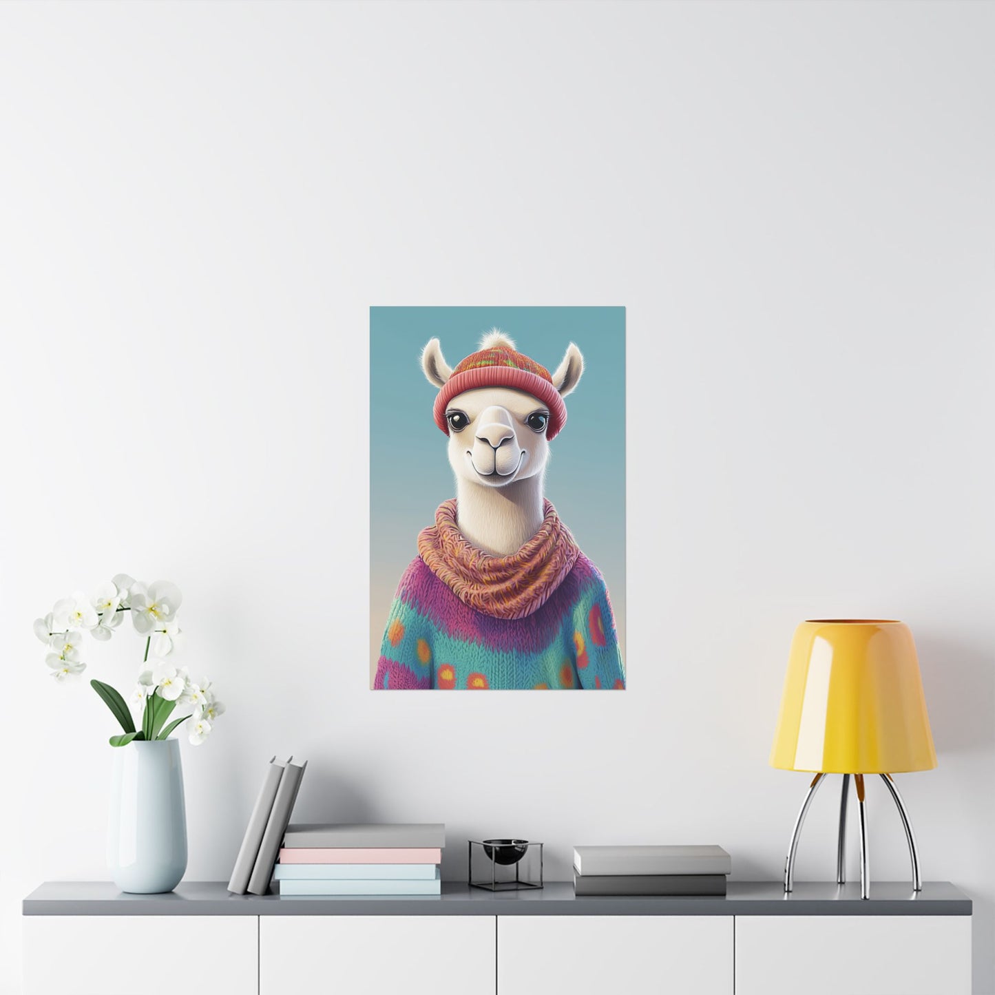 Cozy Llama Art Print - Whimsical Animals - Horizontal Matte Poster for Wall Art
