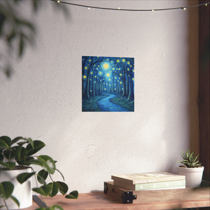 Dreamy Night - Fireflies in the Forest - Fine Art Painting - Print - Matte Vertical Poster - Magical Blue Aesthetic Wall Art
