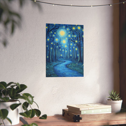 Dreamy Night - Fireflies in the Forest - Fine Art Painting - Print - Matte Vertical Poster - Magical Blue Aesthetic Wall Art