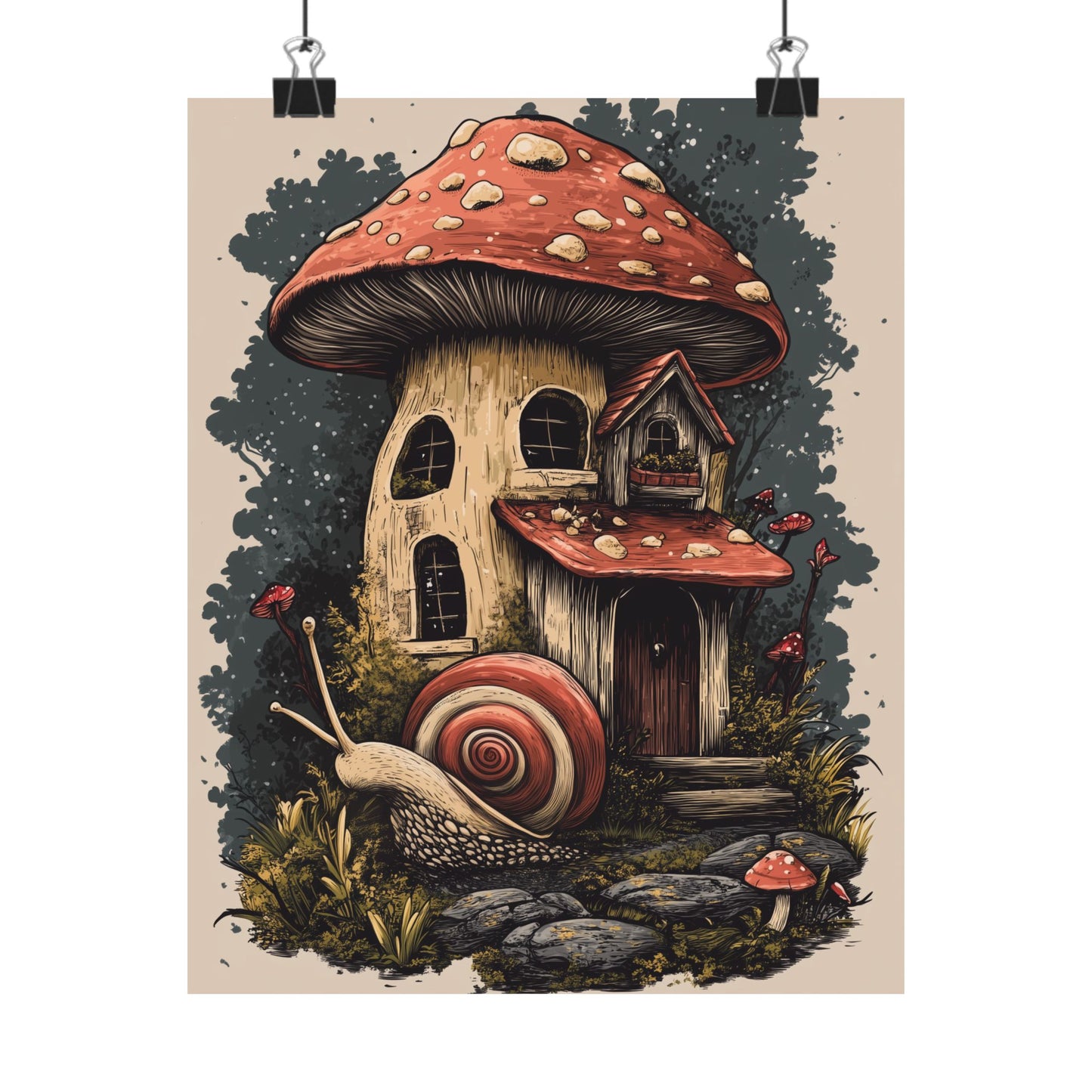Whimsical Snail Mushroom House - Vertical Botanical Poster - Perfect for Dorm Room or Bedroom Wall Art