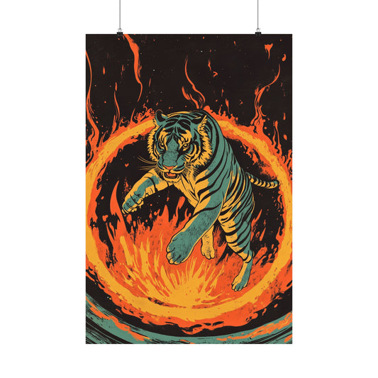 Unleashed - Tiger Jumping Through A Ring of Flames - Matte Vertical Poster - Eye-Catching Wall Art