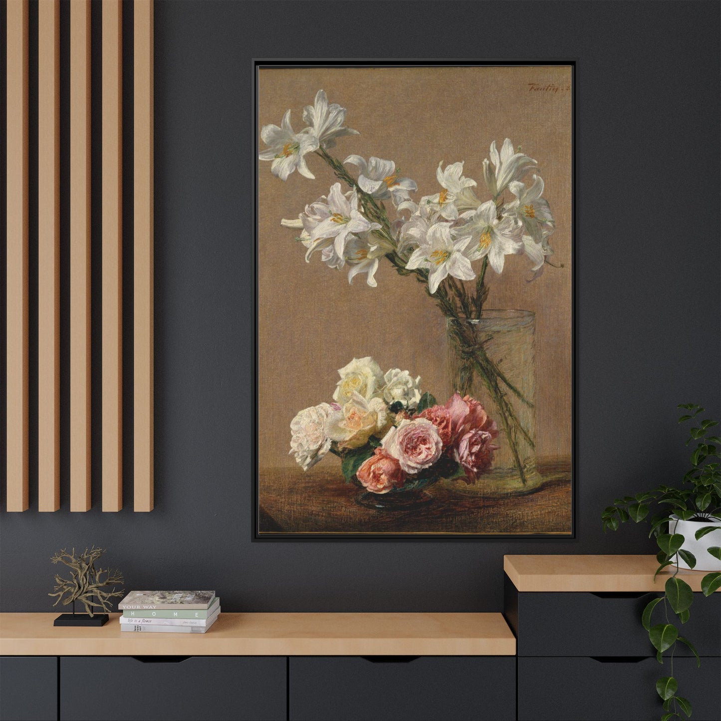 Henri Fantin-Latour : Roses and Lilies (1888) - Giclee Fine Art Print - Museum Collection Framed Canvas Print