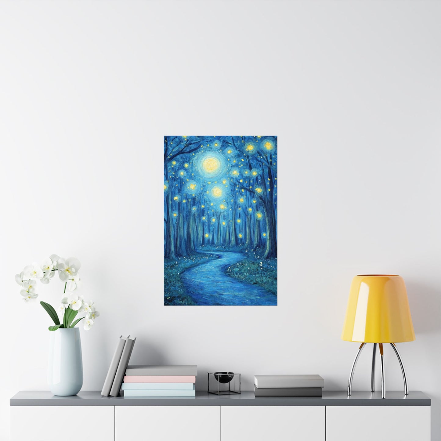 Dreamy Night - Fireflies in the Forest - Fine Art Painting - Print - Matte Vertical Poster - Magical Blue Aesthetic Wall Art