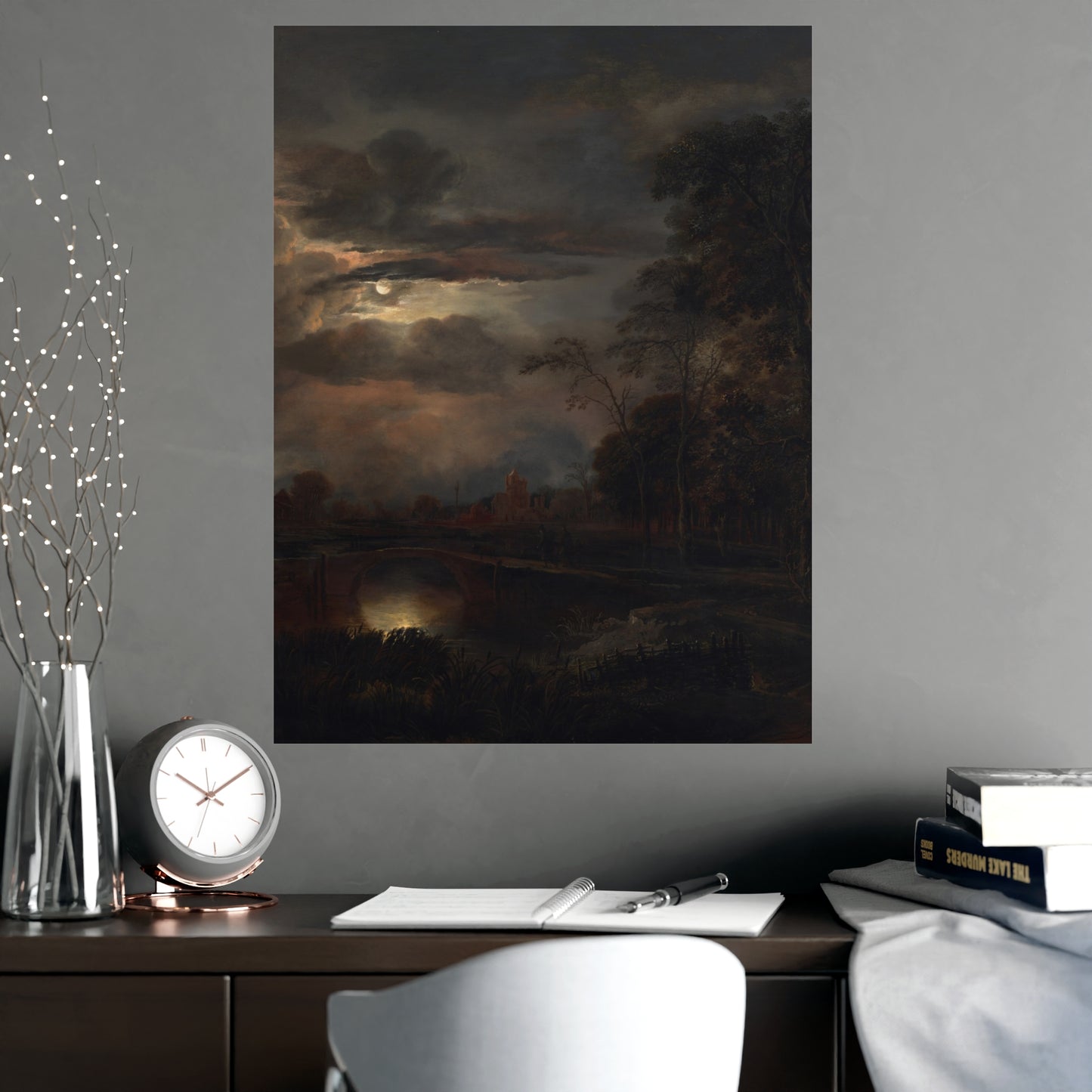 Moonlit Landscape with Bridge - Romantic Night Fine Art Poster