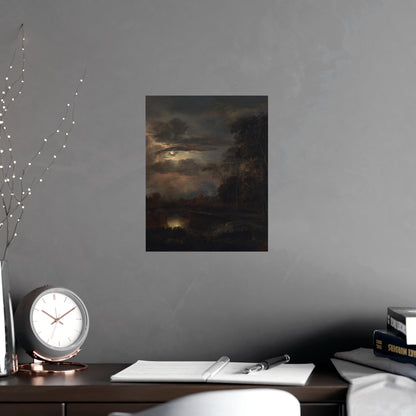 Moonlit Landscape with Bridge - Romantic Night Fine Art Poster