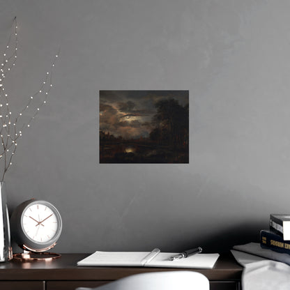 Moonlit Landscape with Bridge - Romantic Night Fine Art Poster
