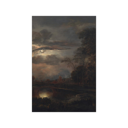 Moonlit Landscape with Bridge - Romantic Night Fine Art Poster