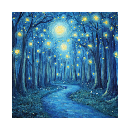 Dreamy Night - Fireflies in the Forest - Fine Art Painting - Print - Matte Vertical Poster - Magical Blue Aesthetic Wall Art