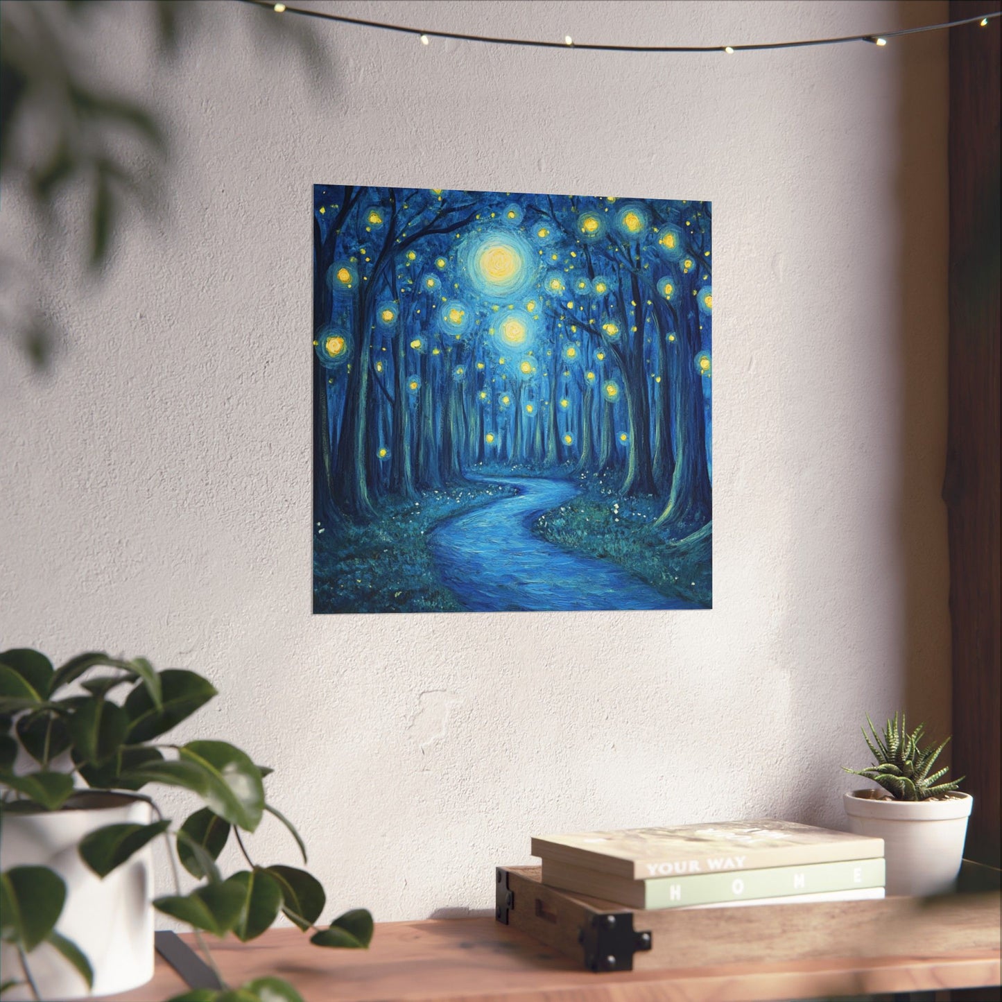 Dreamy Night - Fireflies in the Forest - Fine Art Painting - Print - Matte Vertical Poster - Magical Blue Aesthetic Wall Art