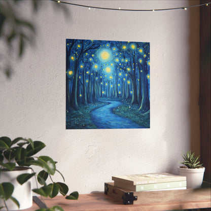 Dreamy Night - Fireflies in the Forest - Fine Art Painting - Print - Matte Vertical Poster - Magical Blue Aesthetic Wall Art
