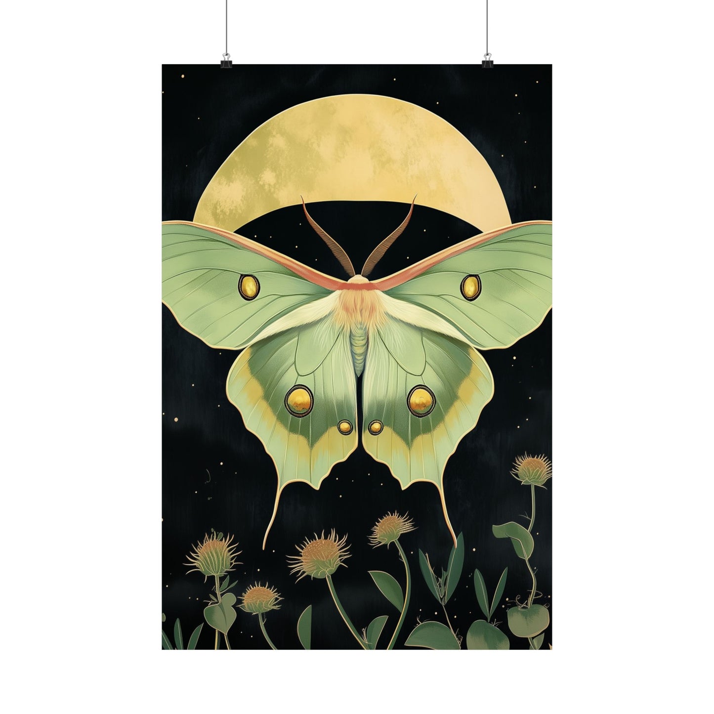 Dreamy Luna Moth Under the Moon Poster- Matte Vertical Art Print - Boho Wall Art - Bohemian - Art Noveau - Art Deco