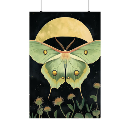 Dreamy Luna Moth Under the Moon Poster- Matte Vertical Art Print - Boho Wall Art - Bohemian - Art Noveau - Art Deco