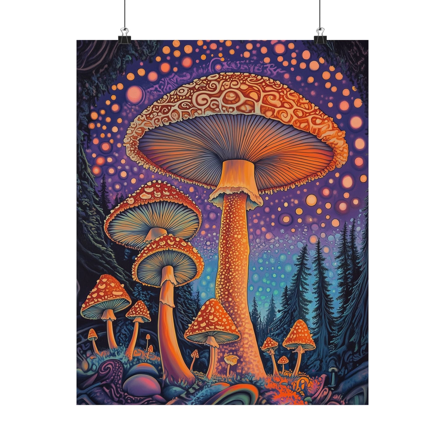 Psychedelic Night Mushroom Art Print - Vertical Poster - Vibrant Wall Art - Nature - Trippy - Bedroom Poster