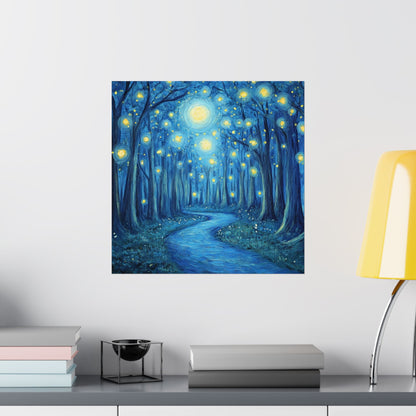 Dreamy Night - Fireflies in the Forest - Fine Art Painting - Print - Matte Vertical Poster - Magical Blue Aesthetic Wall Art