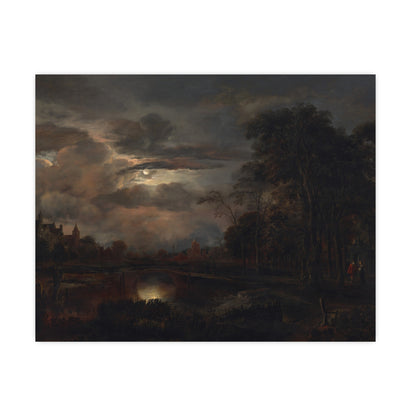 Moonlit Landscape with Bridge - Romantic Night Fine Art Poster