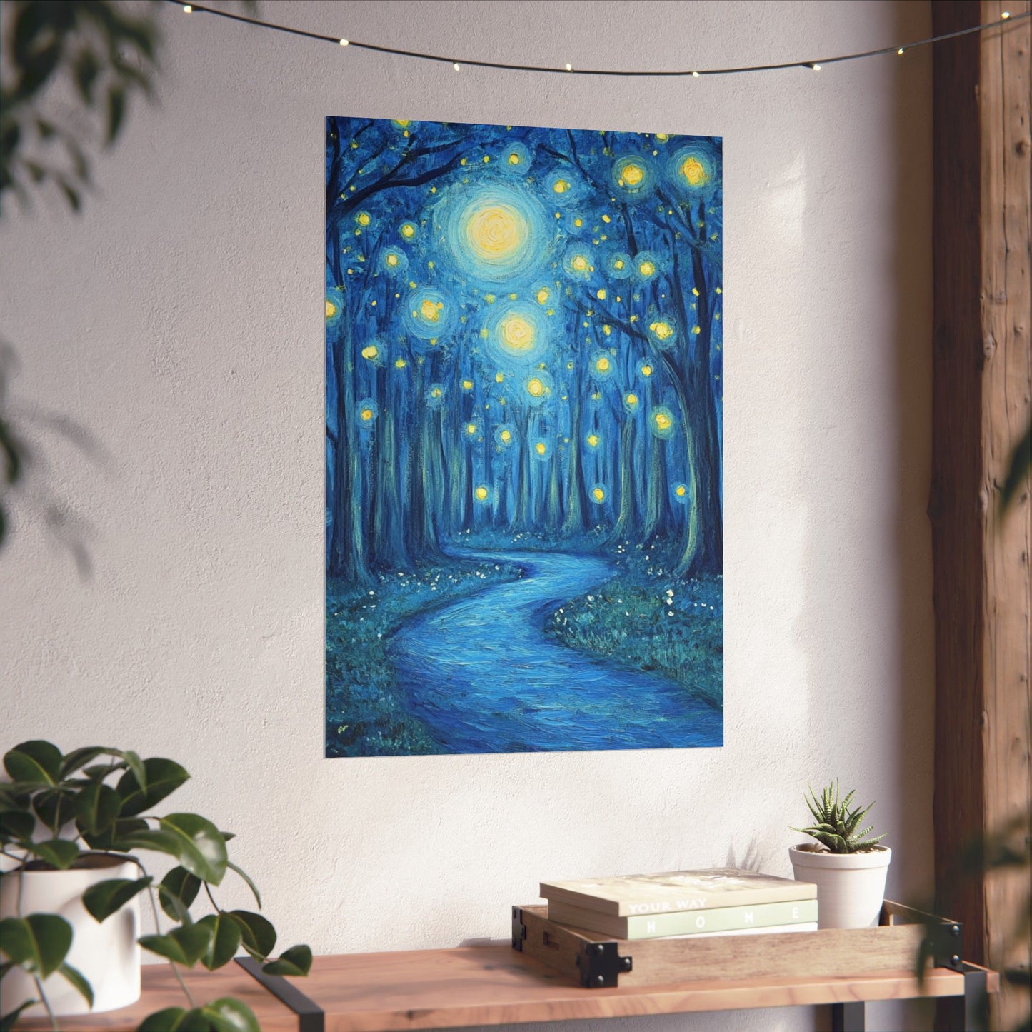 Dreamy Night - Fireflies in the Forest - Fine Art Painting - Print - Matte Vertical Poster - Magical Blue Aesthetic Wall Art