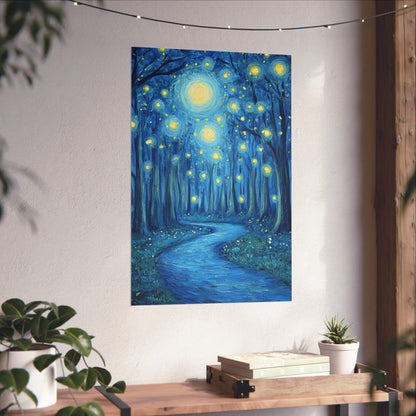Dreamy Night - Fireflies in the Forest - Fine Art Painting - Print - Matte Vertical Poster - Magical Blue Aesthetic Wall Art