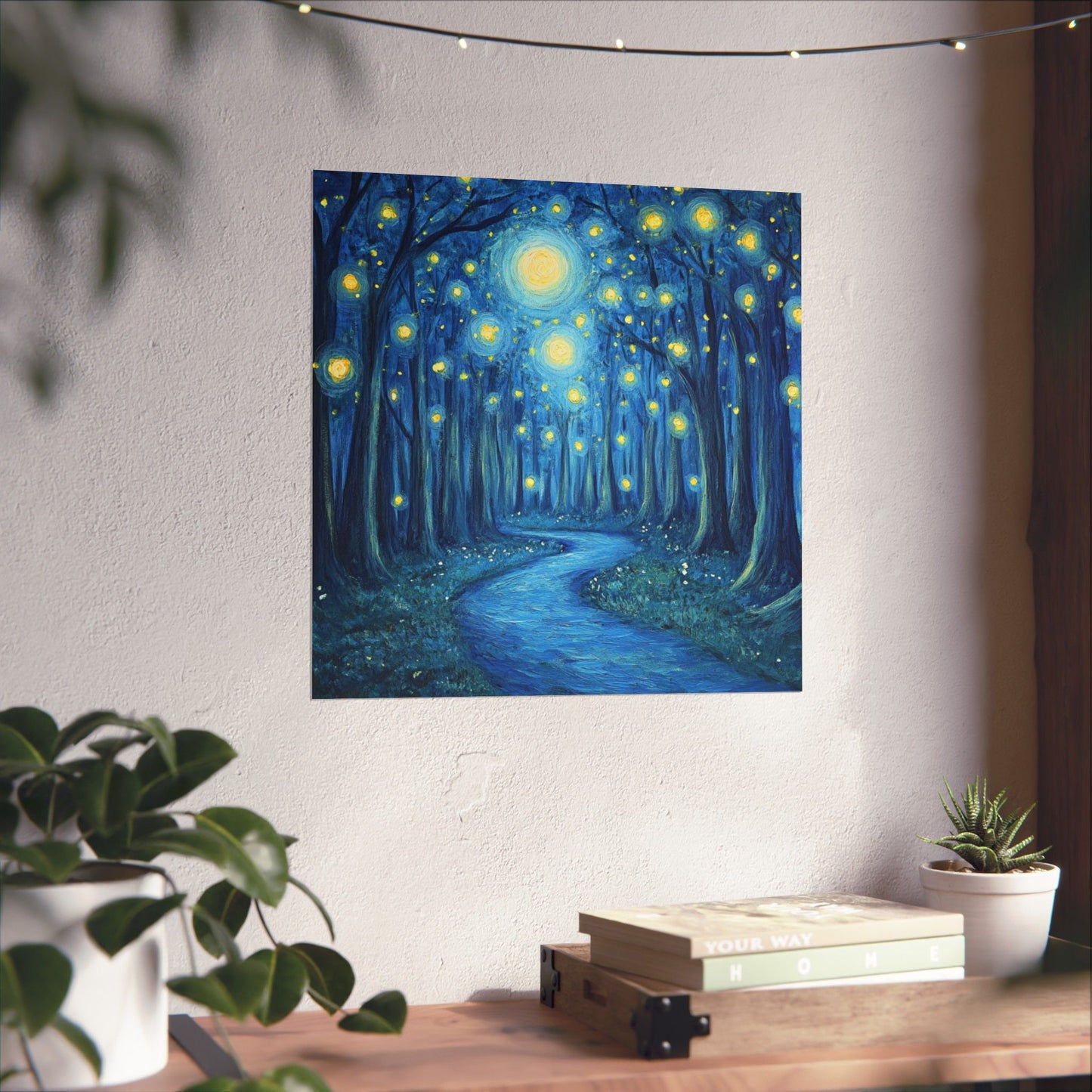 Dreamy Night - Fireflies in the Forest - Fine Art Painting - Print - Matte Vertical Poster - Magical Blue Aesthetic Wall Art
