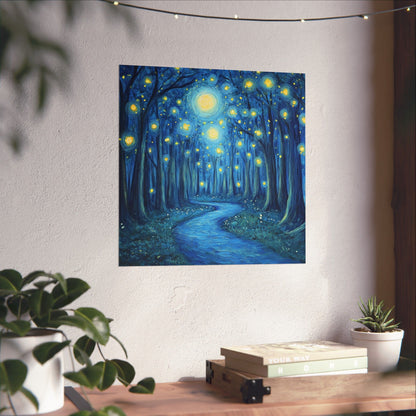 Dreamy Night - Fireflies in the Forest - Fine Art Painting - Print - Matte Vertical Poster - Magical Blue Aesthetic Wall Art