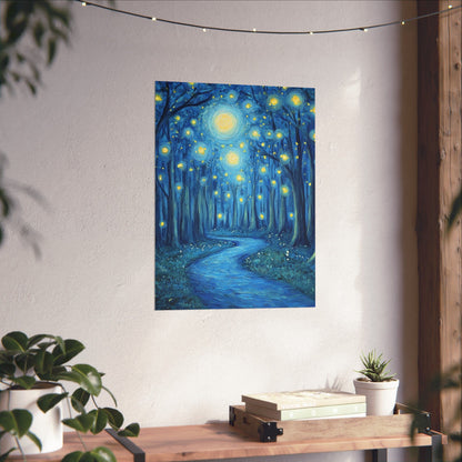 Dreamy Night - Fireflies in the Forest - Fine Art Painting - Print - Matte Vertical Poster - Magical Blue Aesthetic Wall Art