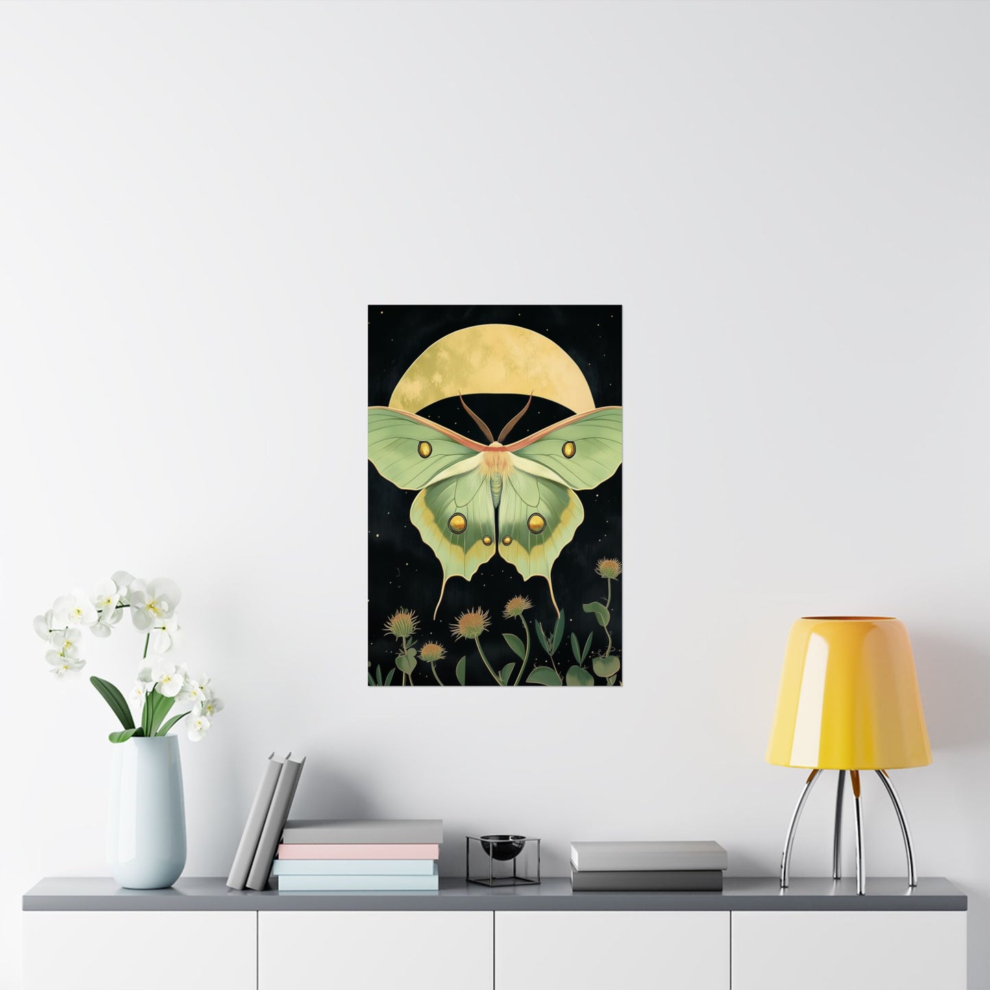 Dreamy Luna Moth Under the Moon Poster- Matte Vertical Art Print - Boho Wall Art - Bohemian - Art Noveau - Art Deco