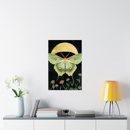 Dreamy Luna Moth Under the Moon Poster- Matte Vertical Art Print - Boho Wall Art - Bohemian - Art Noveau - Art Deco
