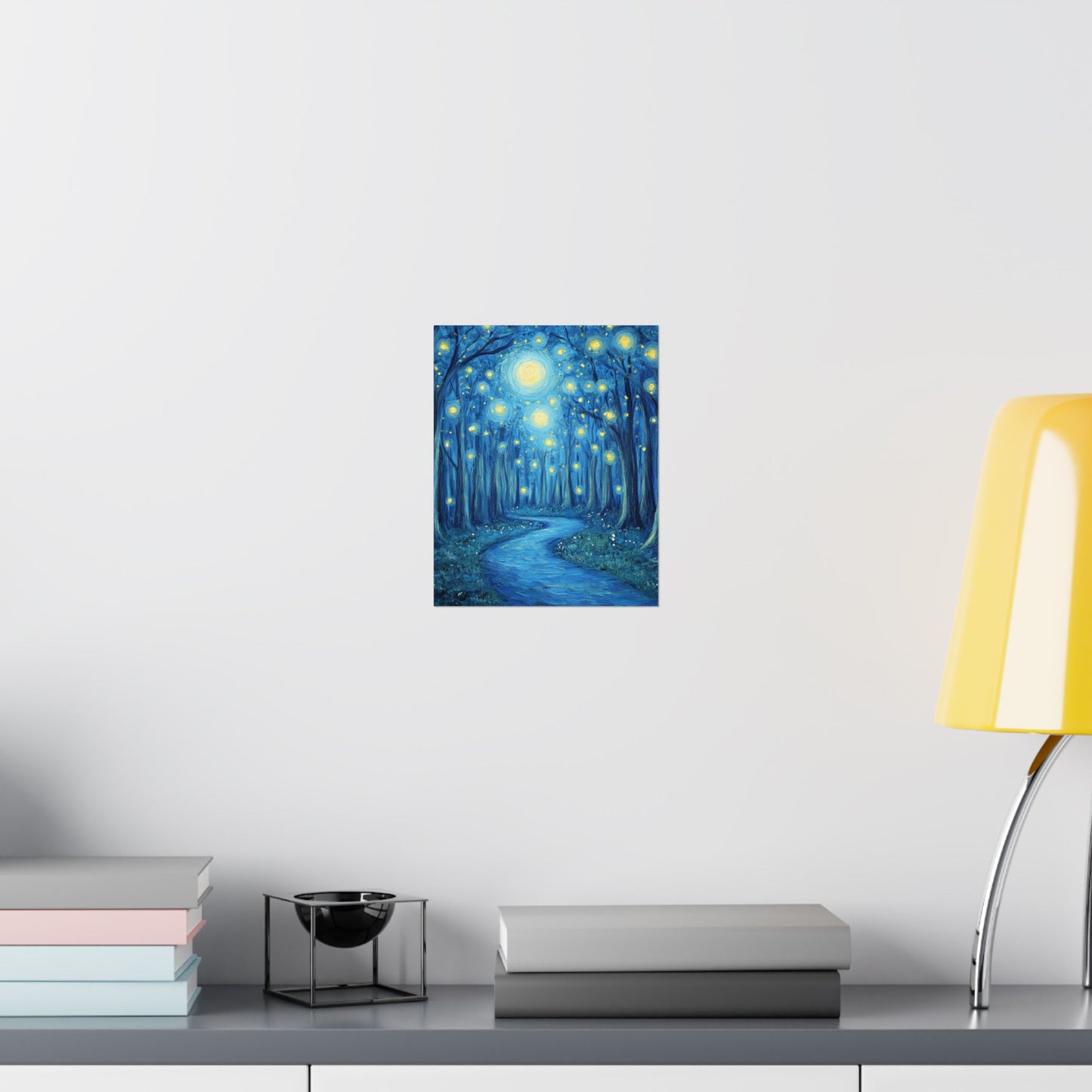 Dreamy Night - Fireflies in the Forest - Fine Art Painting - Print - Matte Vertical Poster - Magical Blue Aesthetic Wall Art