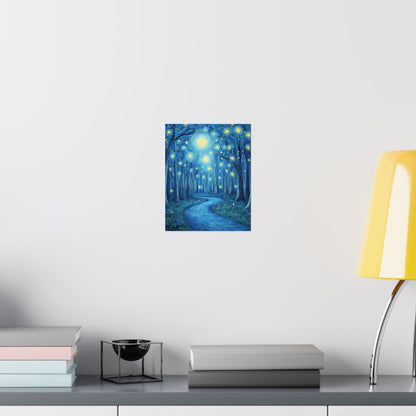 Dreamy Night - Fireflies in the Forest - Fine Art Painting - Print - Matte Vertical Poster - Magical Blue Aesthetic Wall Art