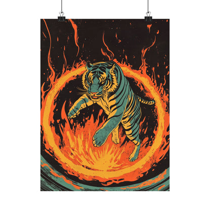 Unleashed - Tiger Jumping Through A Ring of Flames - Matte Vertical Poster - Eye-Catching Wall Art