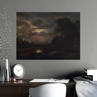 Moonlit Landscape with Bridge - Romantic Night Fine Art Poster