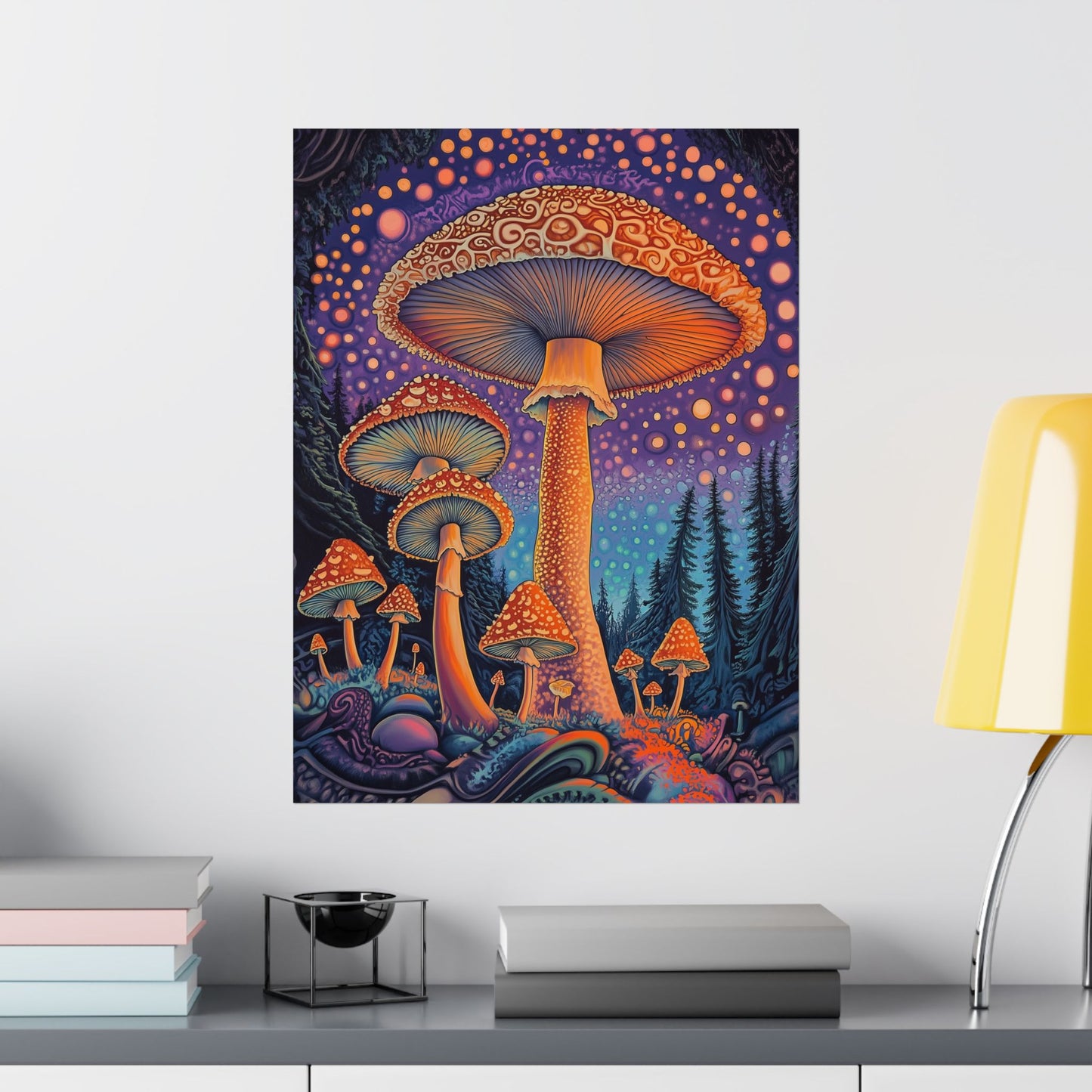 Psychedelic Night Mushroom Art Print - Vertical Poster - Vibrant Wall Art - Nature - Trippy - Bedroom Poster