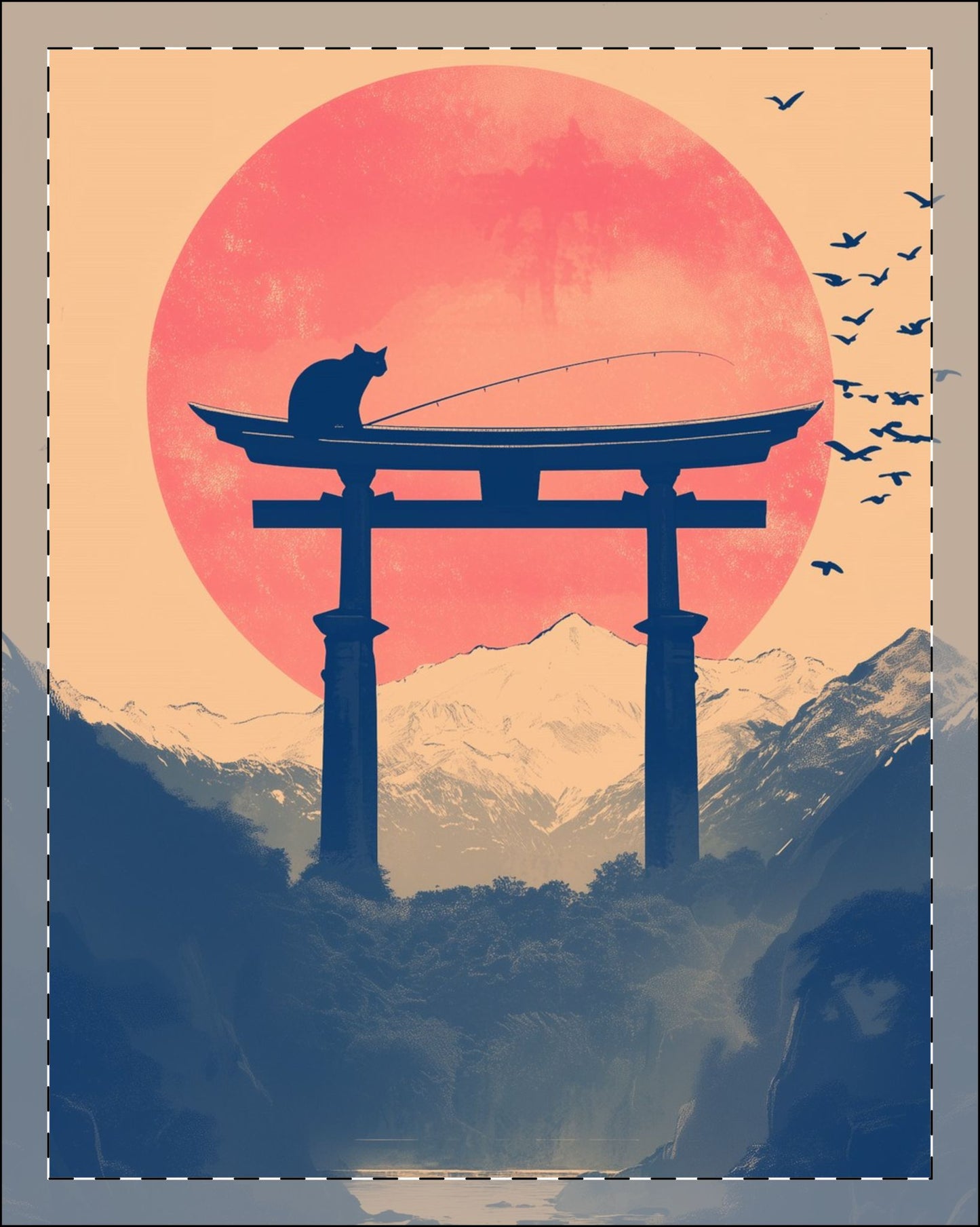 Cat on Torii Gate Zen Japanese Framed Wall Art
