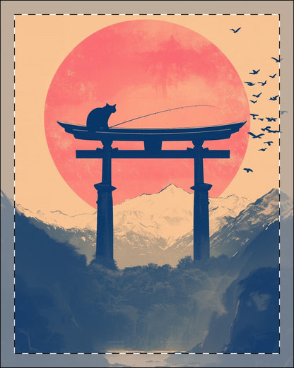 Cat on Torii Gate Zen Japanese Framed Wall Art