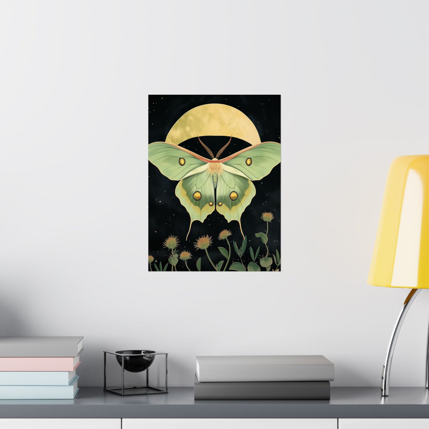Dreamy Luna Moth Under the Moon Poster- Matte Vertical Art Print - Boho Wall Art - Bohemian - Art Noveau - Art Deco