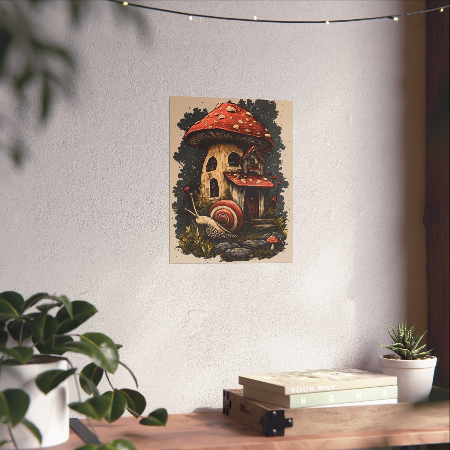 Whimsical Snail Mushroom House - Vertical Botanical Poster - Perfect for Dorm Room or Bedroom Wall Art