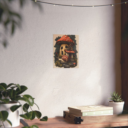 Whimsical Snail Mushroom House - Vertical Botanical Poster - Perfect for Dorm Room or Bedroom Wall Art