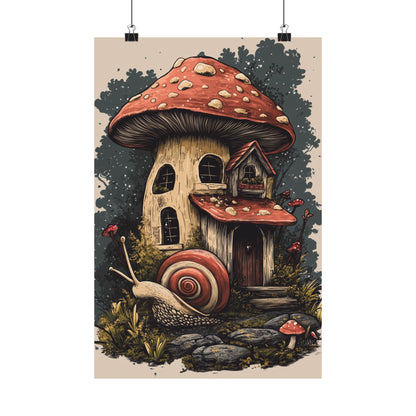 Whimsical Snail Mushroom House - Vertical Botanical Poster - Perfect for Dorm Room or Bedroom Wall Art
