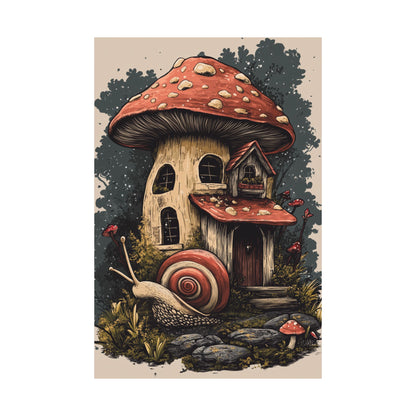 Whimsical Snail Mushroom House - Vertical Botanical Poster - Perfect for Dorm Room or Bedroom Wall Art