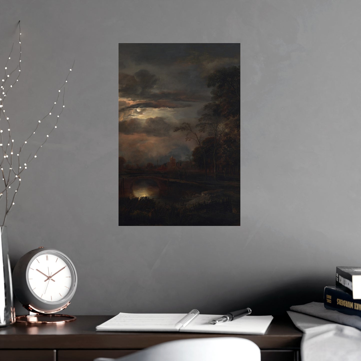 Moonlit Landscape with Bridge - Romantic Night Fine Art Poster