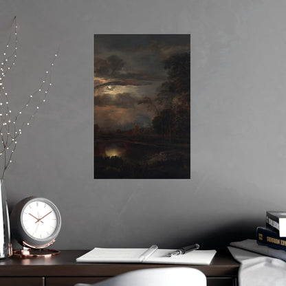Moonlit Landscape with Bridge - Romantic Night Fine Art Poster