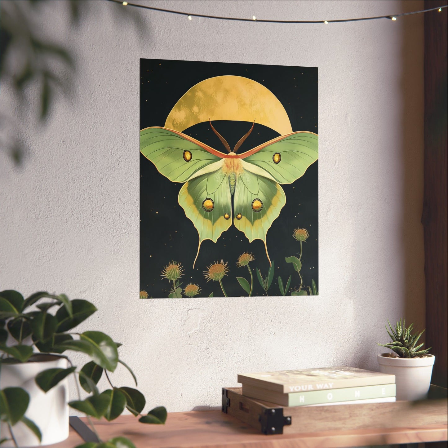 Dreamy Luna Moth Under the Moon Poster- Matte Vertical Art Print - Boho Wall Art - Bohemian - Art Noveau - Art Deco