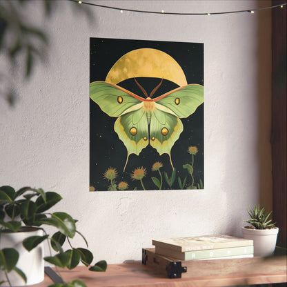 Dreamy Luna Moth Under the Moon Poster- Matte Vertical Art Print - Boho Wall Art - Bohemian - Art Noveau - Art Deco
