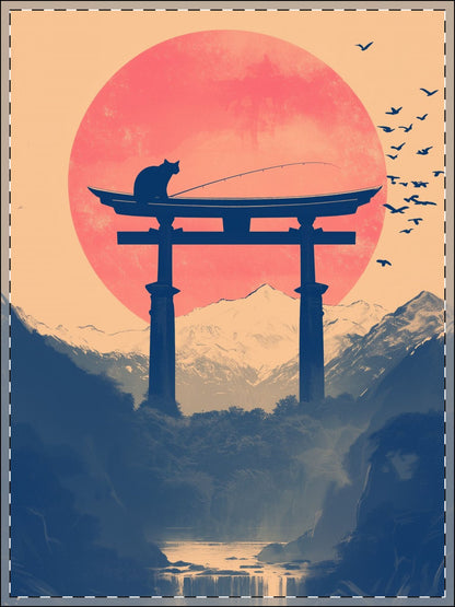 Cat on Torii Gate Zen Japanese Framed Wall Art