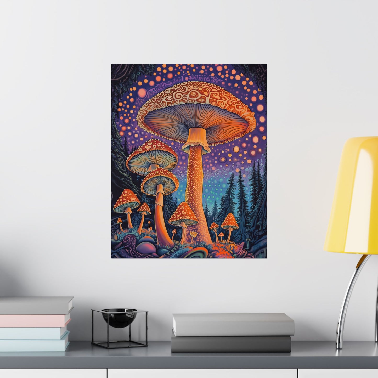 Psychedelic Night Mushroom Art Print - Vertical Poster - Vibrant Wall Art - Nature - Trippy - Bedroom Poster