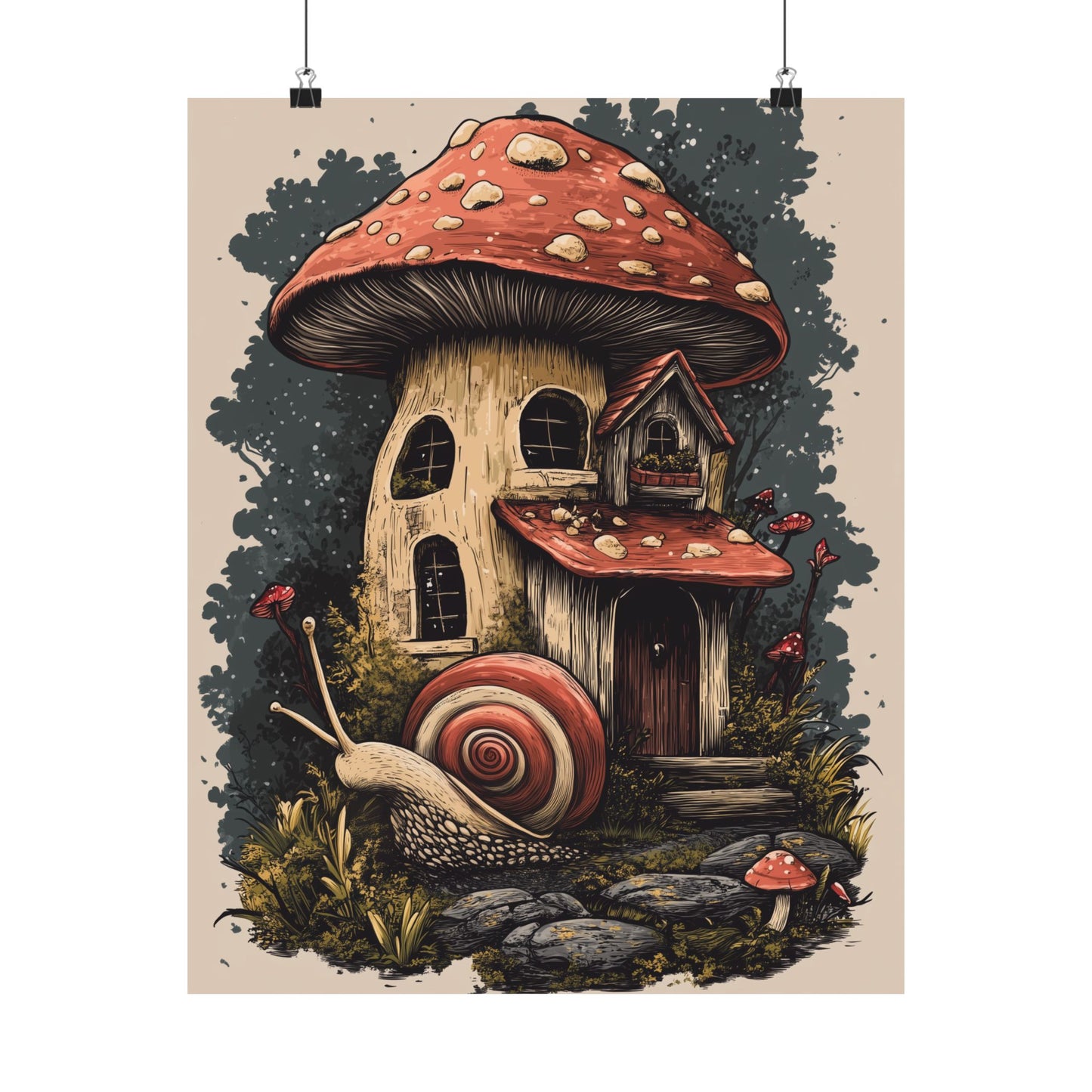 Whimsical Snail Mushroom House - Vertical Botanical Poster - Perfect for Dorm Room or Bedroom Wall Art