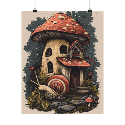 Whimsical Snail Mushroom House - Vertical Botanical Poster - Perfect for Dorm Room or Bedroom Wall Art